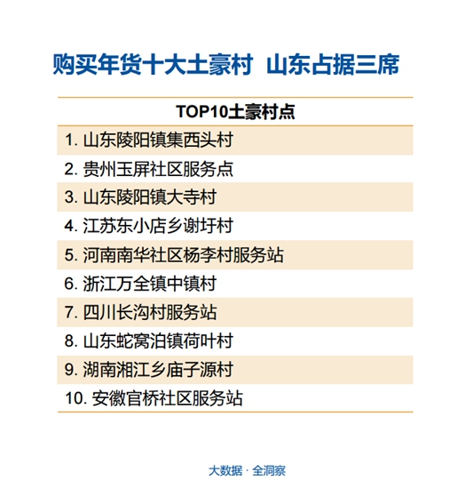 购买年货十大土豪村（图片来自《中国年货大数据报告》）