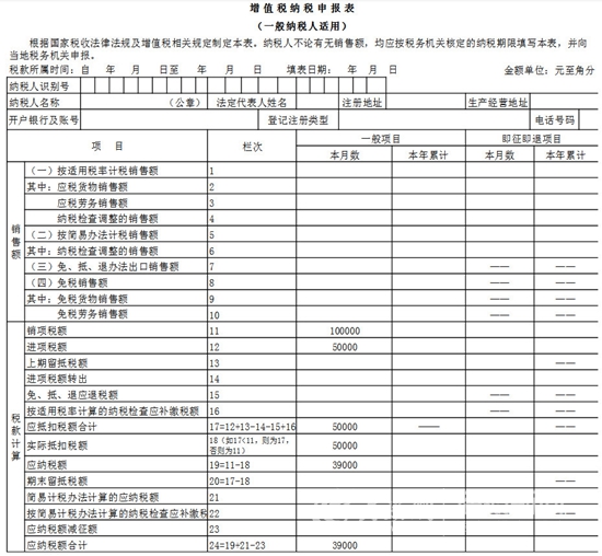 該企業2019年 月(稅款所屬期)《增值稅納稅申報表(一般納稅人適用)》